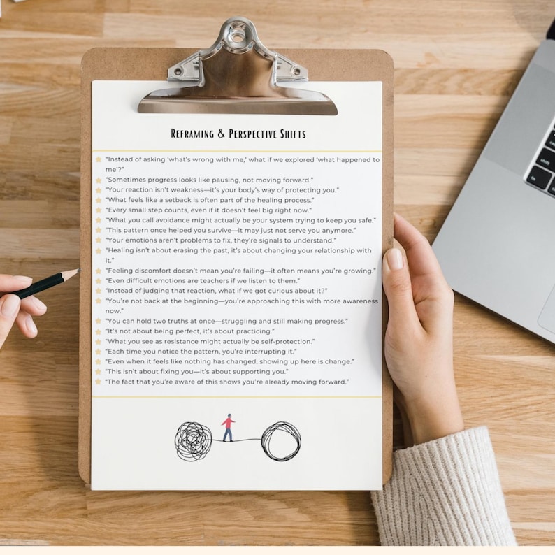 May include: A clipboard with the title "Reframing & Perspective Shifts" and bullet points of text. The clipboard is held by a person. The image also includes a drawing of a person, a circle, and a scribble.