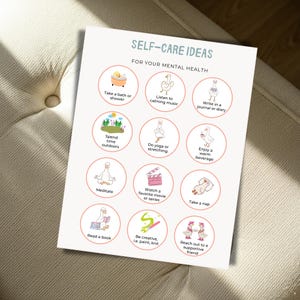 May include: A white paper with the text "SELF-CARE IDEAS FOR YOUR MENTAL HEALTH" and illustrations of self-care activities. The illustrations include a goose taking a bath, listening to music, and writing in a journal.