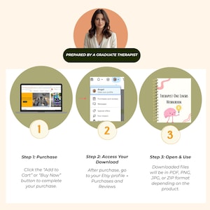 May include: An instructional graphic with three steps for purchasing and using a digital product. The steps include purchasing, accessing the download, and opening the file. The image also features a woman and the text "Prepared by a Graduate Therapist."