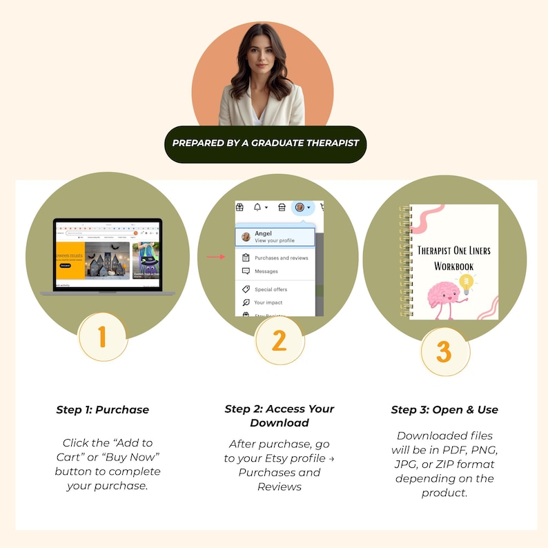 May include: An instructional graphic with three steps for purchasing and using a digital product. The steps include purchasing, accessing the download, and opening the file. The image also features a woman and the text "Prepared by a Graduate Therapist."