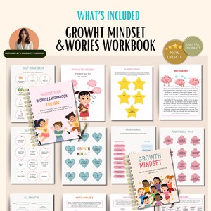 Op de afbeelding: Een werkboek getiteld "Manage Your Worries Workbook for Kids" met een spiraalbinding, met illustraties van kinderen. De afbeelding bevat ook andere werkbladen en de tekst "Growth Mindset & Worries Workbook".