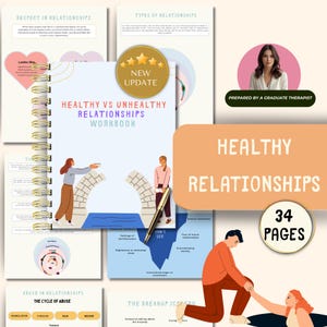 Puede incluir: Un cuaderno con espiral titulado "Healthy vs Unhealthy Relationships Workbook" con ilustraciones y texto. La portada presenta una estrella dorada con "New Update" y el texto "Healthy Relationships" sobre un fondo color melocotón. El cuaderno está preparado por un terapeuta graduado.