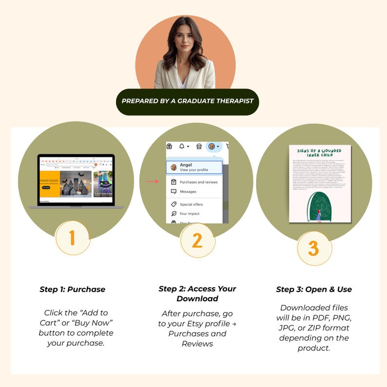 Op de afbeelding: Een infographic met drie stappen voor het kopen en openen van een digitale download. De stappen zijn genummerd en bevatten tekstinstructies. Een vrouw in een witte blazer staat bovenaan. De tekst luidt "Voorbereid door een afgestudeerde therapeut."