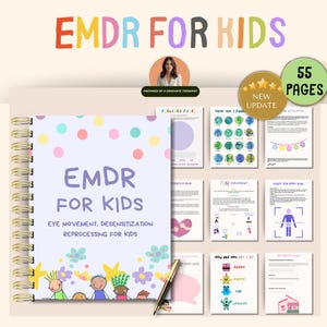 Puede incluir: Un cuaderno con espiral titulado "EMDR FOR KIDS" con texto e ilustraciones coloridas. La portada presenta el título, un subtítulo y un diseño de flores y personajes de dibujos animados. El cuaderno incluye 55 páginas y está preparado por un terapeuta graduado.