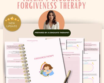 以下が含まれることがあります： ピンク色の文字で「Forgiveness Therapy」と書かれたスパイラルノートとワークシート。ノートには、2人の人物が抱き合っているイラストが描かれています。画像には「Therapy Resource Forgiveness Therapy」というテキストも含まれています。
