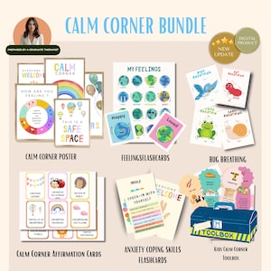 Op de afbeelding: Een verzameling educatief materiaal voor kinderen, waaronder posters, flashcards en een gereedschapskist. De "Calm Corner Bundle" bevat hulpmiddelen voor het omgaan met gevoelens, het oefenen van ademhalingstechnieken en het opbouwen van zelfvertrouwen. Kleuren: blauw, groen en pastel.