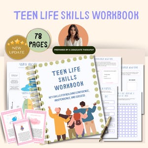 以下が含まれることがあります： 「Teen Life Skills Workbook」というタイトルのワークブック。テキストは「Key Skills for Building Confidence, Independence, and Success」です。画像には女性の写真、「78ページ」というテキスト、追加のワークシートとカードが含まれています。