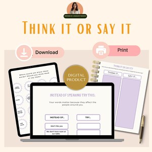Puede incluir: Imagen de producto digital con el texto "THINK IT OR SAY IT". La imagen incluye un port&aacute;til, una tableta y un bloc de notas con indicaciones. La pantalla del port&aacute;til muestra "INSTEAD OF SPEAKING TRY THIS:". Tambi&eacute;n se ven un bol&iacute;grafo e iconos de descarga/impresi&oacute;n.