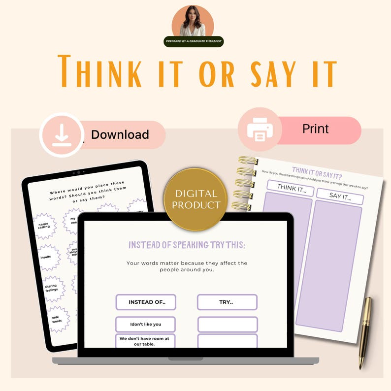 Puede incluir: Imagen de producto digital con el texto "THINK IT OR SAY IT". La imagen incluye un port&aacute;til, una tableta y un bloc de notas con indicaciones. La pantalla del port&aacute;til muestra "INSTEAD OF SPEAKING TRY THIS:". Tambi&eacute;n se ven un bol&iacute;grafo e iconos de descarga/impresi&oacute;n.