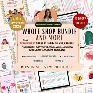 Puede incluir: Imagen promocional para un paquete de tienda, con un retrato de mujer y materiales educativos. La imagen incluye el texto "Whole Shop Bundle and More..." con una pancarta "60% Off Big Sale". El paquete incluye hojas de trabajo, hojas de trucos, tarjetas didácticas, carteles y tarjetas.