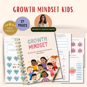May include: A spiral-bound notebook titled "Growth Mindset" with the text "Identify your strengths and improve self-esteem." The cover features cartoon children. The image includes additional pages, stickers, and the text "Growth Mindset Kids."