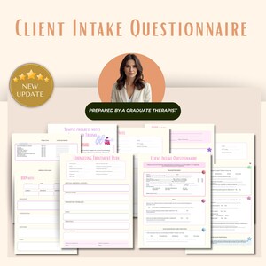 Puede incluir: Un conjunto de cuestionarios de admisión de clientes y formularios de asesoramiento. La imagen presenta un retrato de mujer, el texto "Client Intake Questionnaire" y la frase "Prepared by a Graduate Therapist". Los formularios incluyen notas y planes de tratamiento.