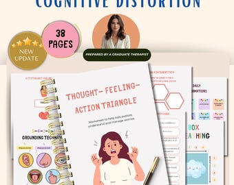 May include: A spiral-bound workbook titled "Thought-Feeling-Action Triangle" with a cartoon illustration of a worried person. The workbook is part of a cognitive distortion guide, with 38 pages, and includes grounding techniques.