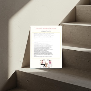 May include: A white paper with text titled "Section 1. Therapist One-Liners" and "Encouraging Reflection." The paper includes a list of questions and a small illustration of two people in chairs. The paper is on a set of stairs.