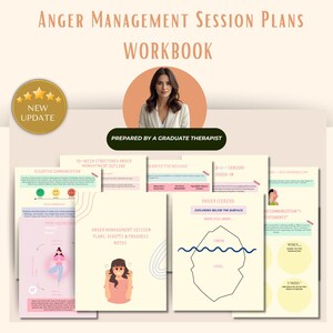 May include: Workbook titled "Anger Management Session Plans" with a woman's portrait and the text "Prepared by a Graduate Therapist." The workbook includes pages on assertive communication, anger iceberg, and more. A "New Update" badge is in the corner.
