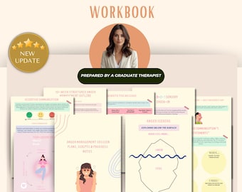 May include: Workbook titled "Anger Management Session Plans" with a woman's portrait and the text "Prepared by a Graduate Therapist." The workbook includes pages on assertive communication, anger iceberg, and more. A "New Update" badge is in the corner.
