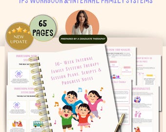 May include: An open spiral-bound workbook with the title "16-Week Internal Family Systems Therapy Session Plans, Scripts & Progress Notes." The cover features a cartoon of four children. The workbook includes 65 pages and is prepared by a graduate therapist.