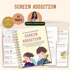 Op de afbeelding: Een interactief werkboek getiteld "Screen Addiction" met de tekst "Kinderen en adolescenten helpen bij het overwinnen van schermverslaving en het bevorderen van gezonde gewoonten." De omslag toont illustraties van kinderen die telefoons gebruiken.