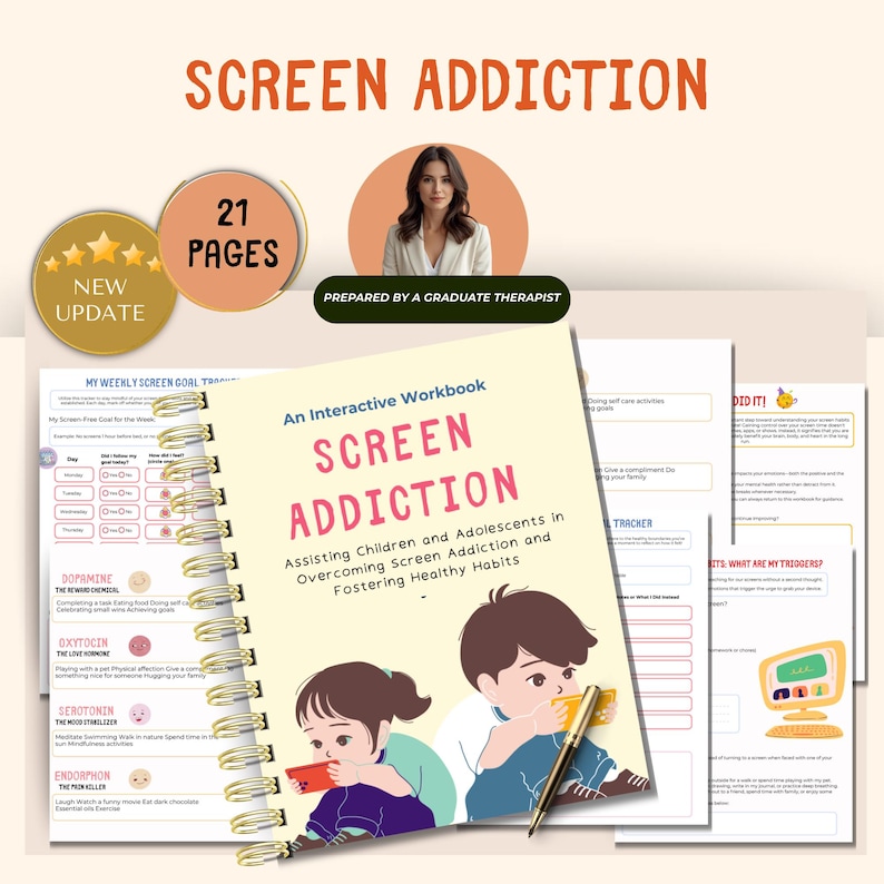 Op de afbeelding: Een interactief werkboek getiteld "Screen Addiction" met de tekst "Kinderen en adolescenten helpen bij het overwinnen van schermverslaving en het bevorderen van gezonde gewoonten." De omslag toont illustraties van kinderen die telefoons gebruiken.