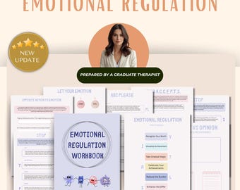 May include: An image of an "Emotional Regulation Workbook" with a woman's portrait and the text "Prepared by a Graduate Therapist." The workbook has a blue cover with the title and illustrations of cartoon characters. Other pages include worksheets with titles like "Let Your Emotion" and "A.C.C.E.P.T.S."