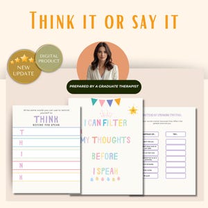 Puede incluir: Producto digital con el texto "THINK IT OR SAY IT". La imagen incluye un retrato de mujer y p&aacute;ginas con texto como "I CAN FILTER MY THOUGHTS BEFORE I SPEAK". Una insignia de "NEW UPDATE" es visible.