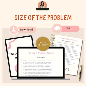 May include: Digital product image with a laptop, tablet, and printed pages. The laptop displays reflection prompts, and the tablet shows a pink graphic. The text includes "Size of the Problem" and "Digital Product."