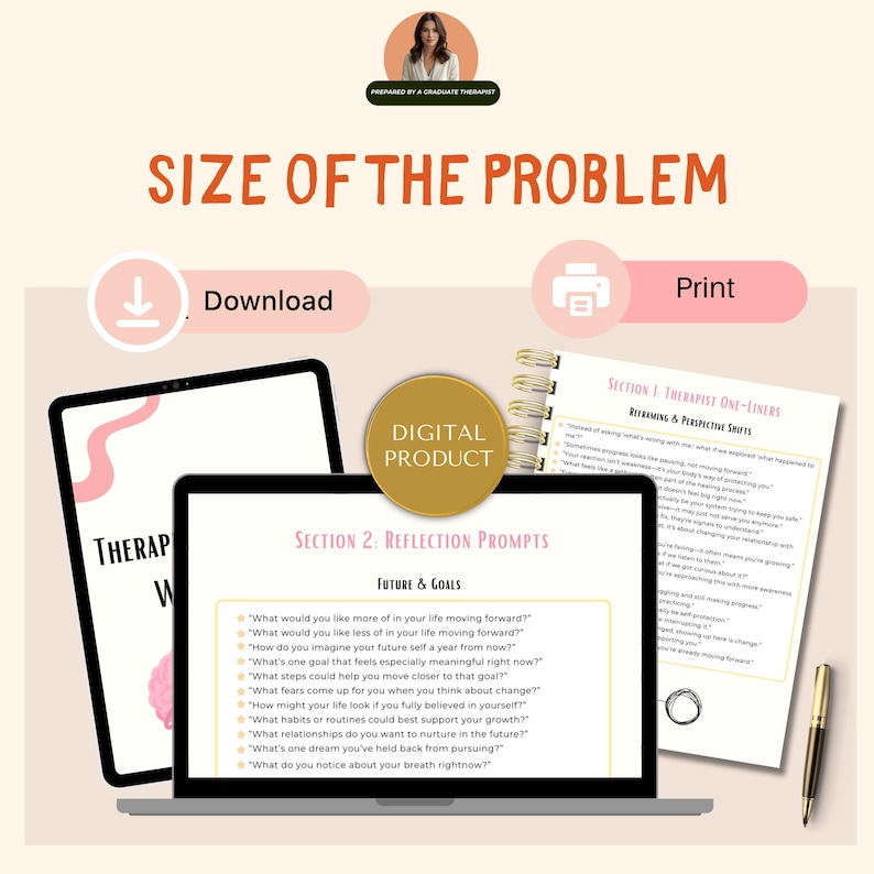 May include: Digital product image with a laptop, tablet, and printed pages. The laptop displays reflection prompts, and the tablet shows a pink graphic. The text includes "Size of the Problem" and "Digital Product."
