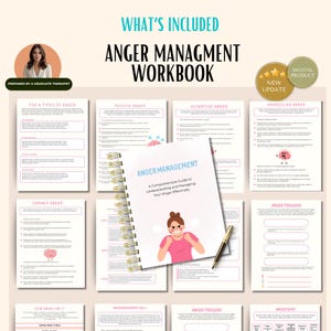 Op de afbeelding: Een spiraalgebonden "Anger Management Workbook" met de titel bovenaan. De omslag toont een illustratie van een boze persoon. Het werkboek bevat secties over woede-triggers en soorten woede.