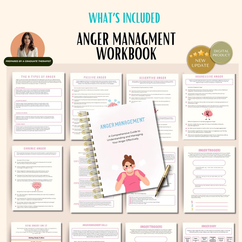 Op de afbeelding: Een spiraalgebonden "Anger Management Workbook" met de titel bovenaan. De omslag toont een illustratie van een boze persoon. Het werkboek bevat secties over woede-triggers en soorten woede.