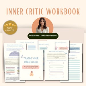 May include: A self-help workbook titled "Inner Critic Workbook" with the text "Taming Your Inner Critic" and "Be Kinder to Yourself | A Self-Doubt Healing Guide." The cover features a woman's illustration. The image includes the text "New Update" and "Prepared by a Graduate Therapist."