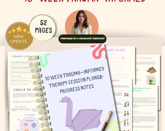 May include: A spiral-bound notebook with the title "10 Week Trauma-Informed Therapy Session Plans & Progress Notes" and a purple origami swan. The image includes the text "52 Pages", "New Update", and "Prepared by a Graduate Therapist". A gold pen rests on the notebook.