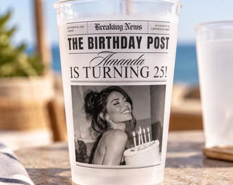 Personalized Birthday Photo Cup, Custom Newspaper Birthday Frosted Cup, Milestone Birthday Drinkware, Retro Party Favor