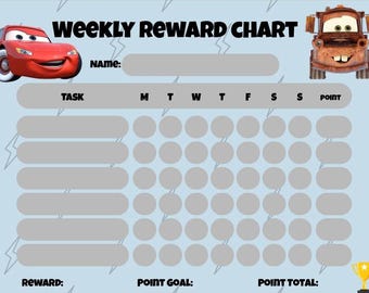Tabla de recompensas de Cars: Sistema de tareas imprimible de Rayo McQueen y Mater (PDF)