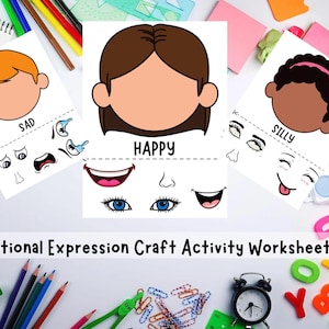 Puede incluir: Hojas de trabajo de actividades de manualidades educativas para la expresión emocional. La imagen muestra tres plantillas de caras etiquetadas como "Sad", "Happy" y "Silly", con rasgos faciales intercambiables. El texto "Emotional Expression Craft Activity Worksheets" está en la parte inferior.