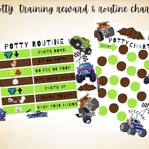 Puede incluir: Tabla de recompensas y rutina para el entrenamiento para ir al baño con ilustraciones de monster trucks. La tabla incluye una rutina con pasos como "Pants Down" y "Wash Your Hands".