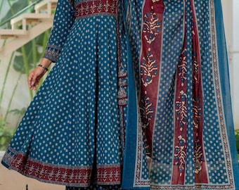 Pure Cotton Anarkali Kurti Pant Dupatta Set, Floral Handwork Party Wear Women's Ethnic Outfit