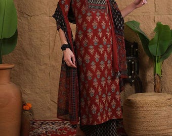 Handblock Print Cotton Kurti Pant Dupatta Set, Indian Salwar Kameez