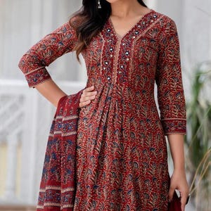 Conjunto de dupatta de pantalón kurta de algodón bordado a mano, vestido indio