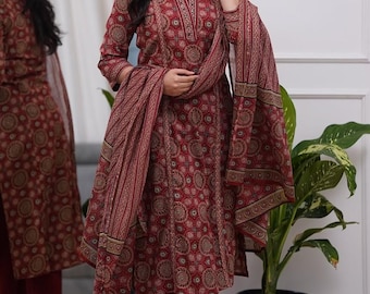 Floral Printed Cotton Anarkali Kurti Set, Embroidered Women's Suit