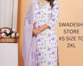 Hand Block Print Cotton Kurti Pant Dupatta Set, Floral Embroidered Indian Dress