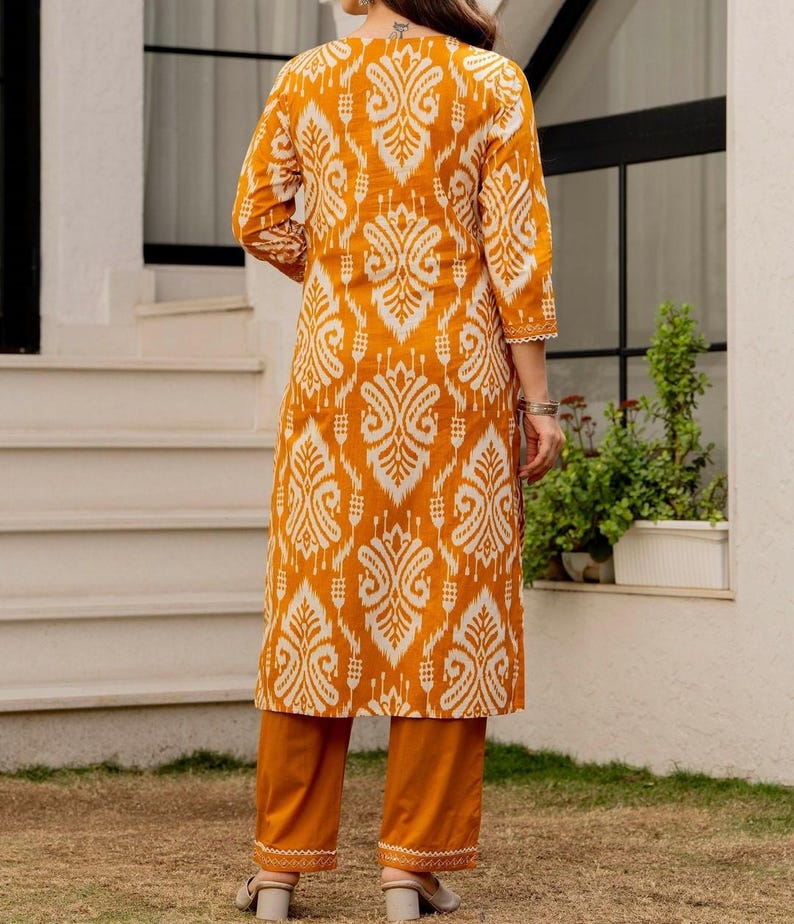Conjunto de dupatta de pantalón kurti de algodón bordado amarillo, salwar kameez indio imagen 5