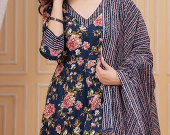 Hand Embroidered Anarkali Kurta Set, Organic Cotton Women's Dress