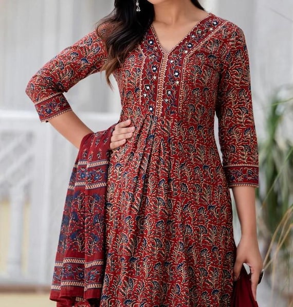 Hand Embroidered Cotton Kurta Pant Dupatta Set, Indian Dress