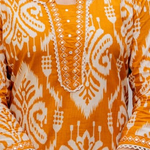 Conjunto de dupatta de pantalón kurti de algodón bordado amarillo, salwar kameez indio imagen 4