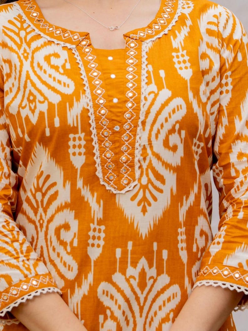 Conjunto de dupatta de pantalón kurti de algodón bordado amarillo, salwar kameez indio imagen 4
