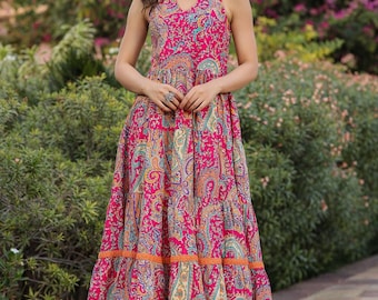 Vestido midi de gasa de algodón estampado a mano - Vestido bohemio sin mangas con escote en V