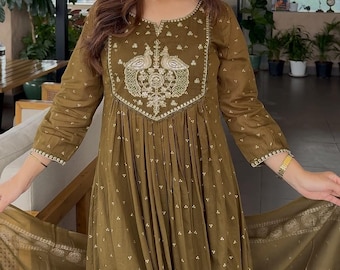 Green Embroidered Anarkali Kurti Pant Dupatta Set, Organic Cotton Indian Dress