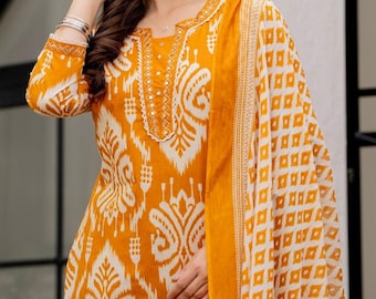 Yellow Embroidered Cotton Kurti Pant Dupatta Set, Indian Salwar Kameez