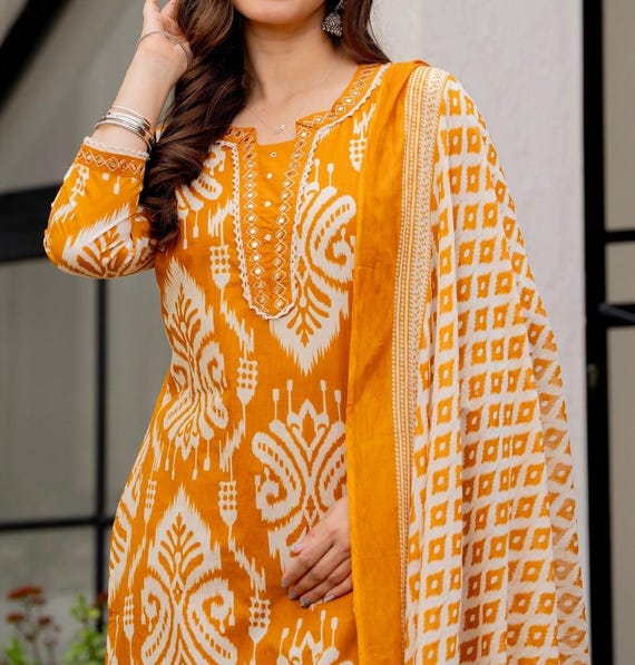 Yellow Embroidered Cotton Kurti Pant Dupatta Set, Indian Salwar Kameez