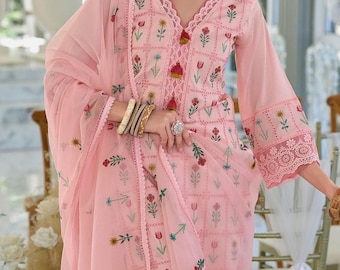 Conjunto de dupatta de pantalón kurta de algodón bordado, traje pakistaní